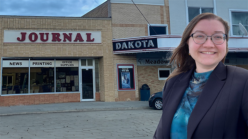 Avonlea Brown stands outside The Journal's office in Crosby, North Dakota.