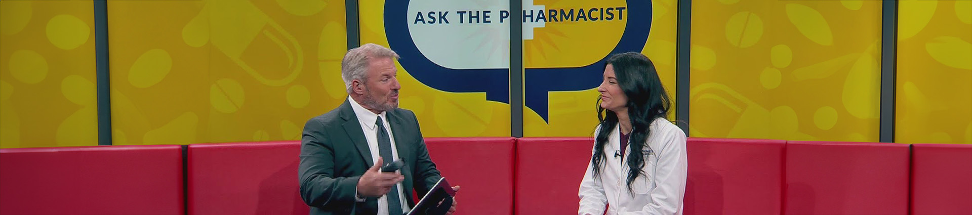 Dr. Shannon Yarosz and a male news anchor on Ask the Pharmacist.