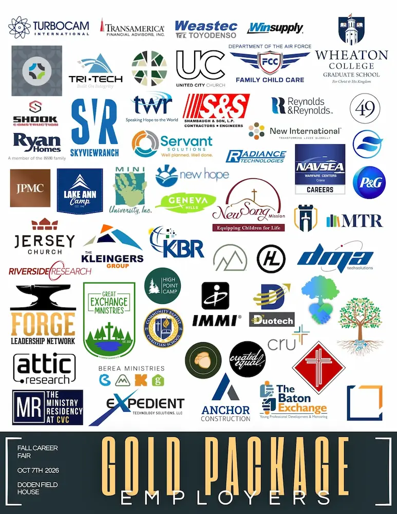 logos of the gold package employers for the 2026 Fall career fair at Cedarville University