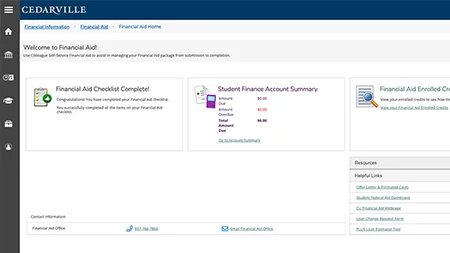 Cedarville University Financial Aid portal displaying checklist, account summary, and enrollment confirmation.
