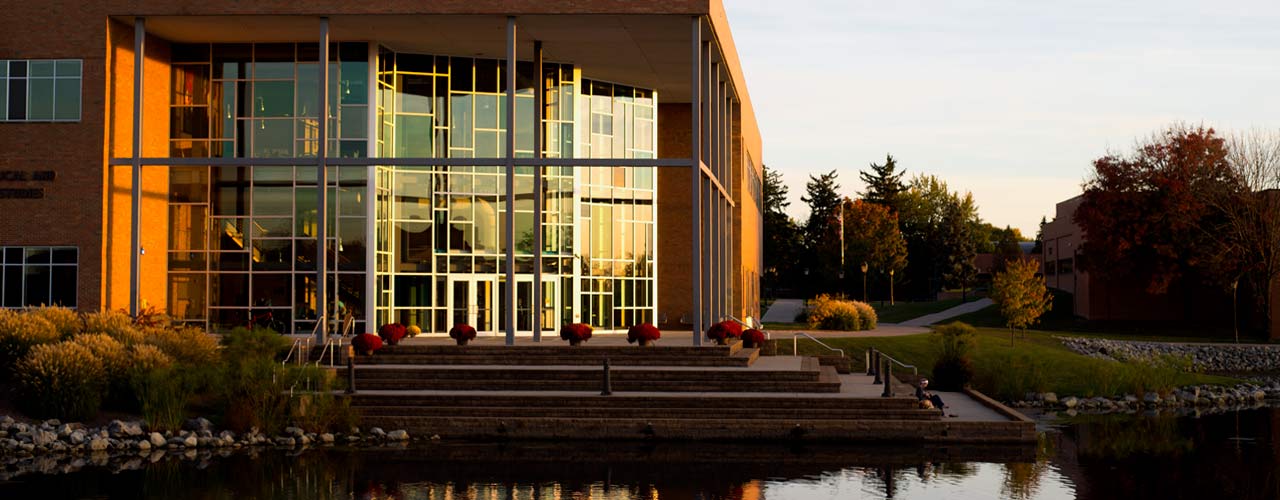 Cedarville's Center for Biblical and Theological Studies glowing in the evening light