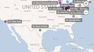 Photo of digital map with pins in it to represent where pharmacy grads are located in the USA
