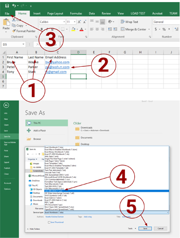A screenshot of Microsoft Excel with numbers on it that coorelate with the steps listed below