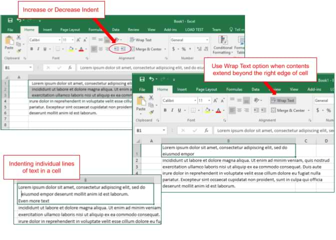 How to indent text within spreadsheet cells in Excel.