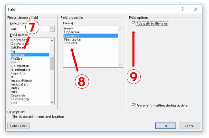 insert filename into word document header or footer