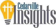 Logo - Illuminated lightbulb with a filament appearing like the three crosses of Calvary. Text: Cedarville Insights.