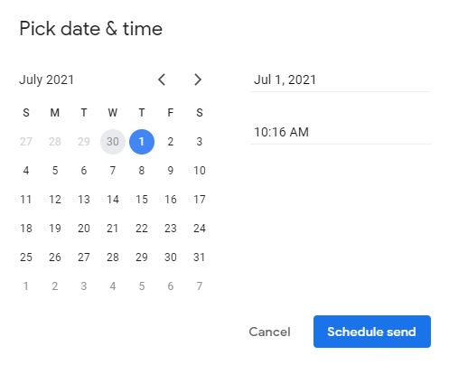 Select a date and time to schedule a Gmail delivery.
