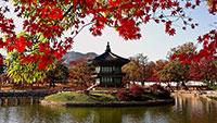 South Korean architecture next to a pond.