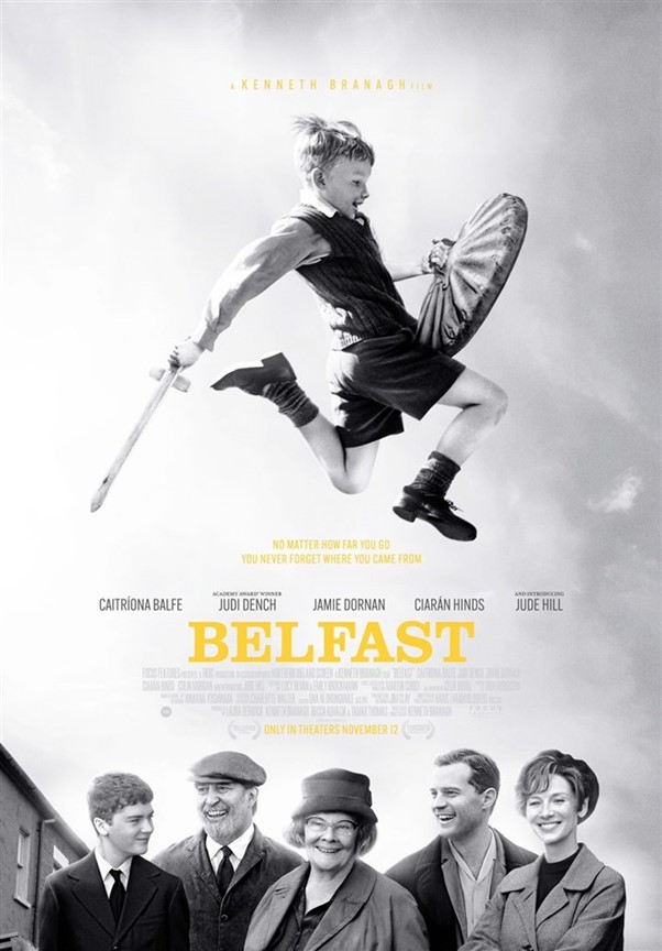 Belfast movie poster little boy jumping in the air five adults underneath of him