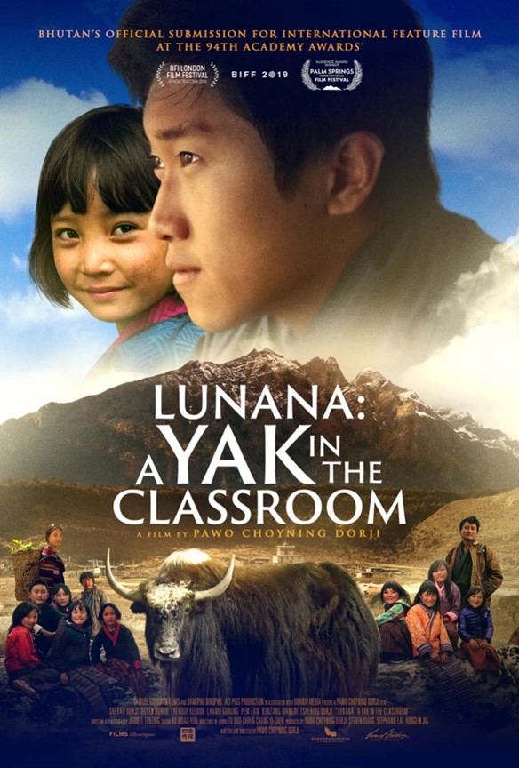 Lunana: A Yak in the Classroom, mountains in the background with a yak and people in the foreground