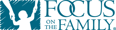 Focus on the Family logo depicting a silhouette  child with arms raised holding parents' hands.