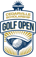 Logo Text: Cedarville Scholarship, Golf Open. Logo Illustration: blue putter hitting a golf ball surrounded by yellow beams