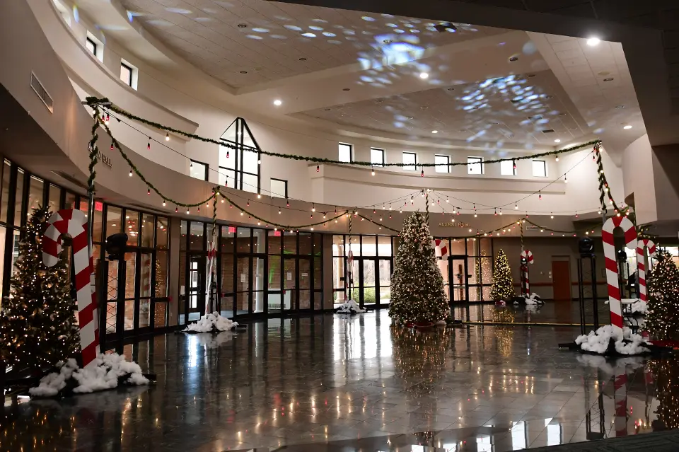 Dixon Ministry Center lobby with Christmas decorations