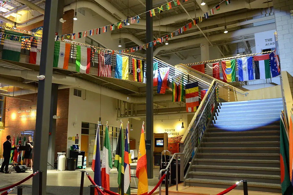 MISO Gala decorations in the Biblical Studies building lobby