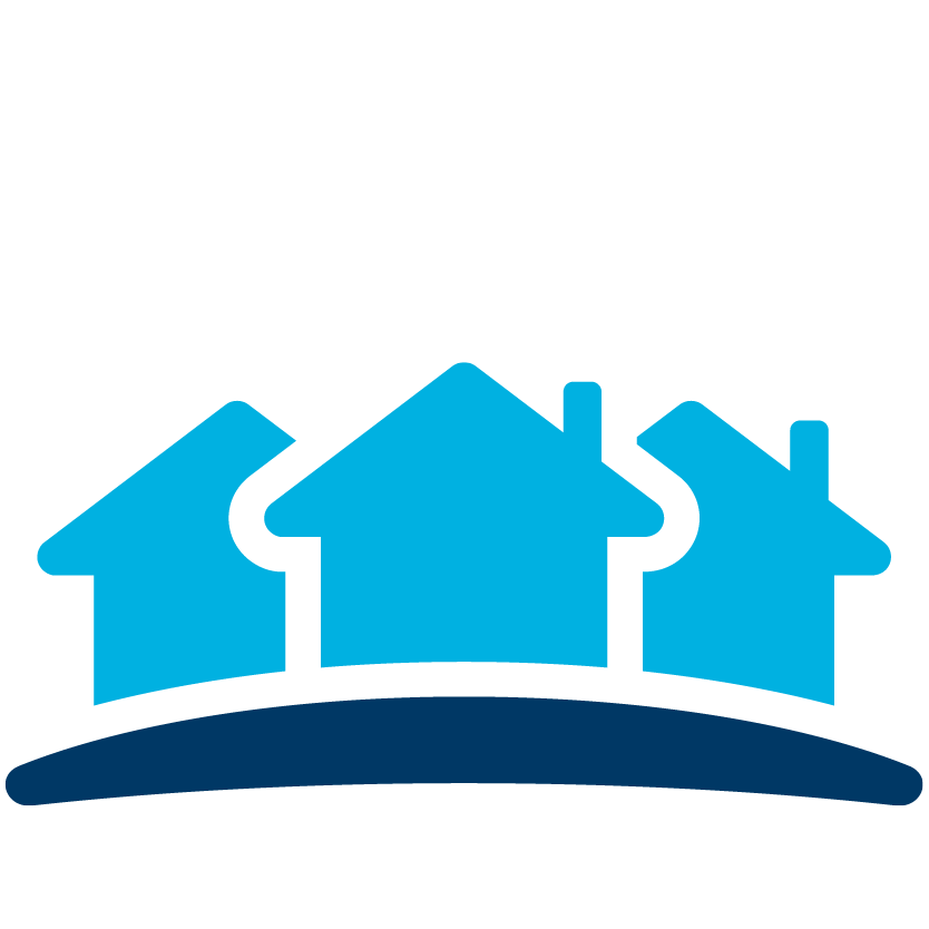 Icon of three houses on a hill.