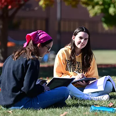 Female students sitting on the lawn studying outside on a sunny day.