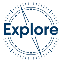 Icon of a compass. Text:Explore.