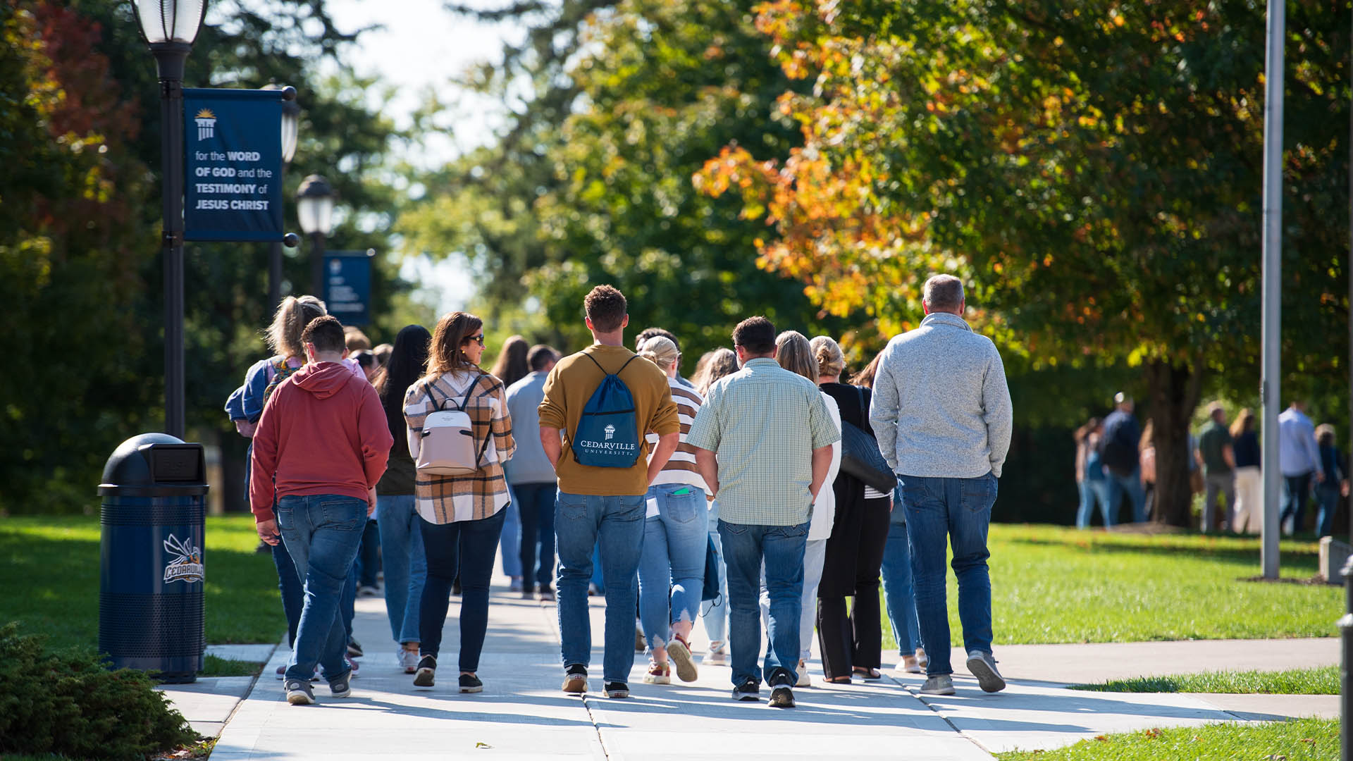 Parents and prospectives students on a campus tour at Cedarville University in the fall.