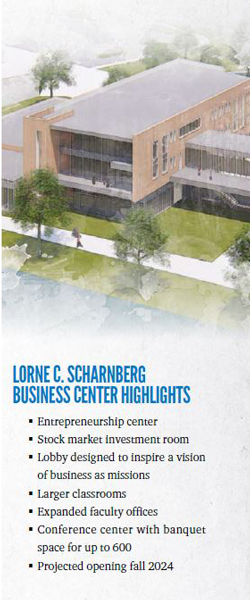 Business center rendering with building features